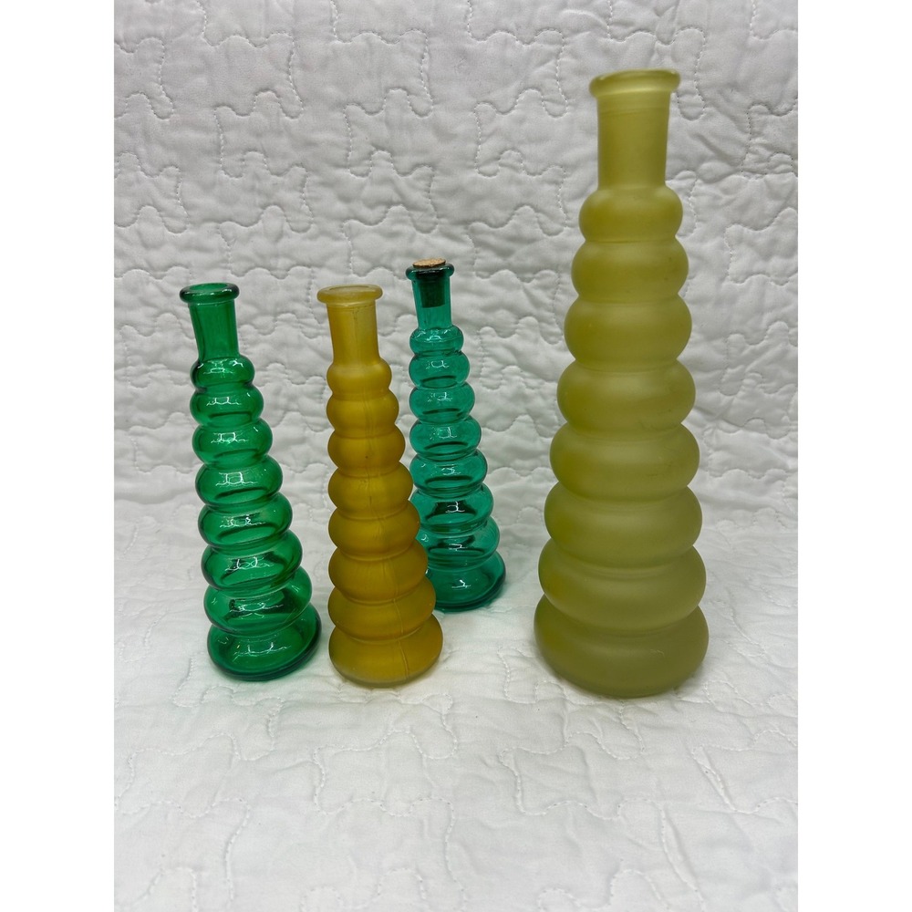 Vintage Art Glass Bubble Ribbed Bud Vases Lot 4 Green Yellow Frosted Mid Century
